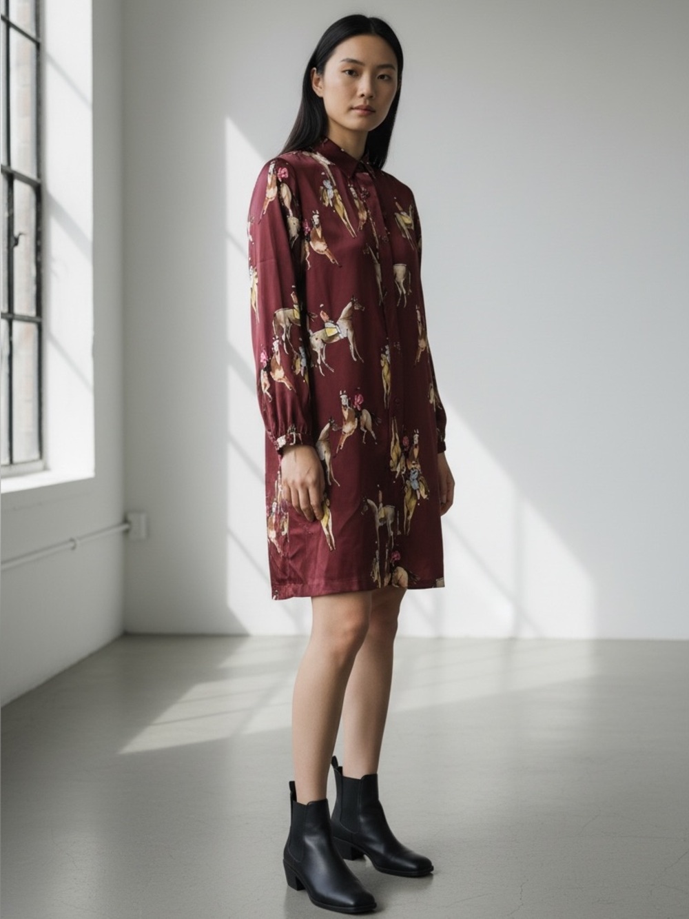 Shirtaporter Women’s Sz 10 Equestrian Silk Mini Dress Brown Horse Print Satin
